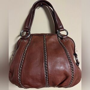 B Makowsky Brown Leather Handbag with Chain Details